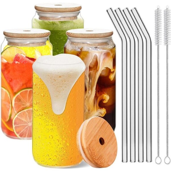4pcs Glass Cups with Lids and Straws - 16 oz Glass Cups with Bamboo Lids, Iced Coffee Cup, Drinking Glasses, Clear Glass Cups- 2 Cleaning Brushes