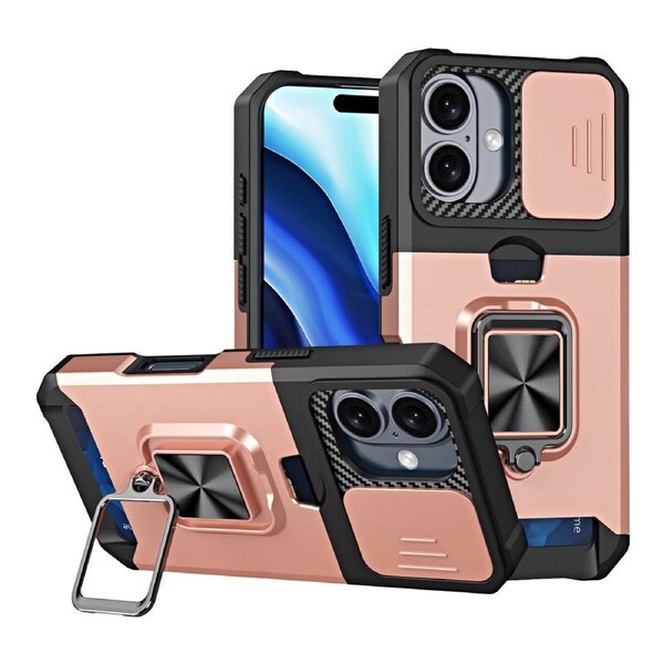 For iPhone 16 Case, Camera Protection with Card Slot Cover, Rose Gold