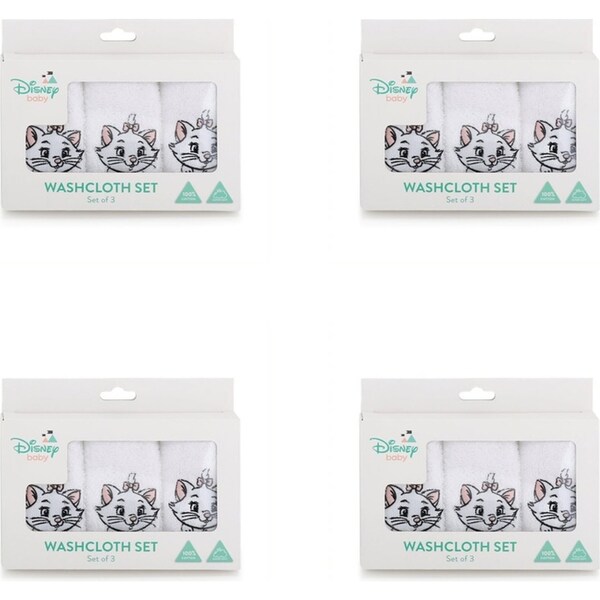 4x 3pc Disney Cats Themed Print Face Washers Towels Baby Nursery Decor Set