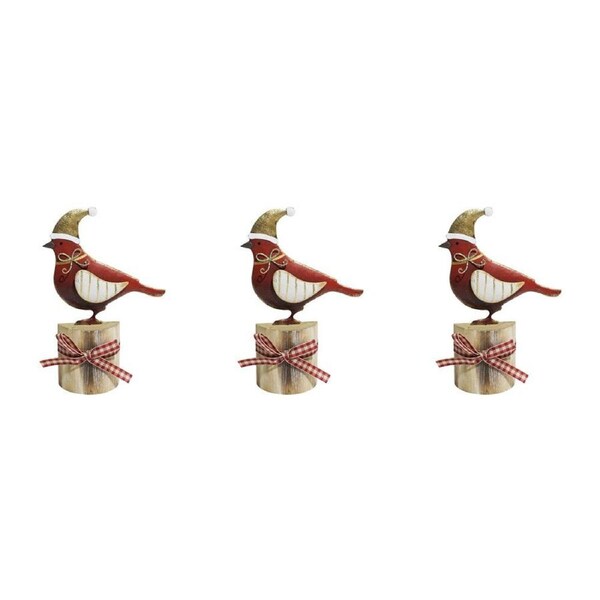3x LVD Metal/MDF Xmas Bird On Stump Christmas Holiday Decor 17.5x13cm Red/Gold