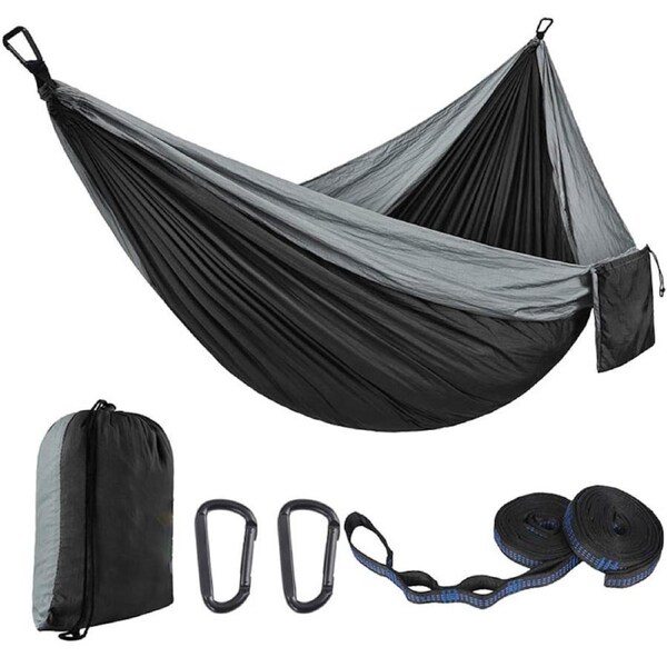 Nevenka Camping Portable Hammocks with 2 Tree Straps for Travel Beach Backyard-Gray/Black L-300 X 200 CM