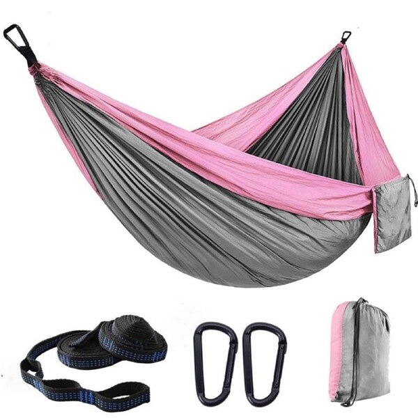 Nevenka Camping Portable Hammocks with 2 Tree Straps for Travel Beach Backyard-Pink/Gray L-300 X 200 CM