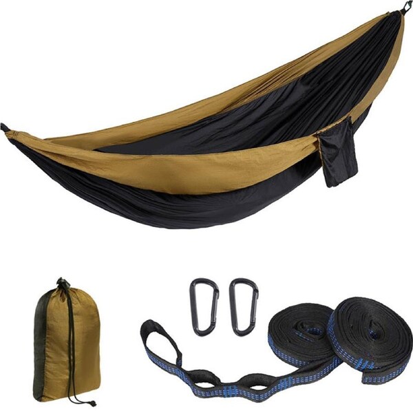 Nevenka Camping Portable Hammocks with 2 Tree Straps for Travel Beach Backyard-Camel/Black L-300 X 200 CM