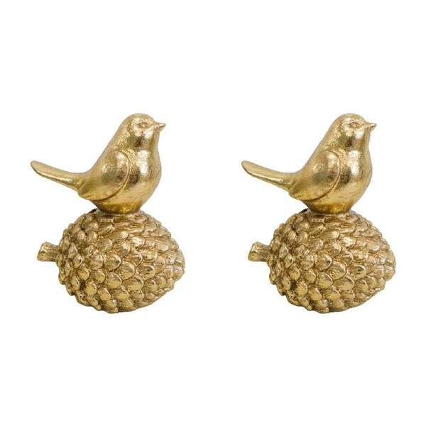 2x LVD Polyresin Sculpture Bird On Pine Cone Figurine Home Decor 12.9cm Gold