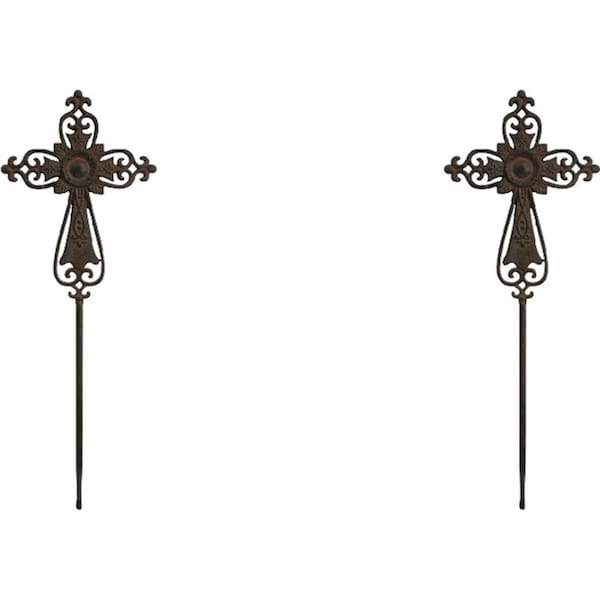 2x LVD Metal Cross Garden Stake Outdoor Ornament Lawn/Yard Decor 60cm Brown