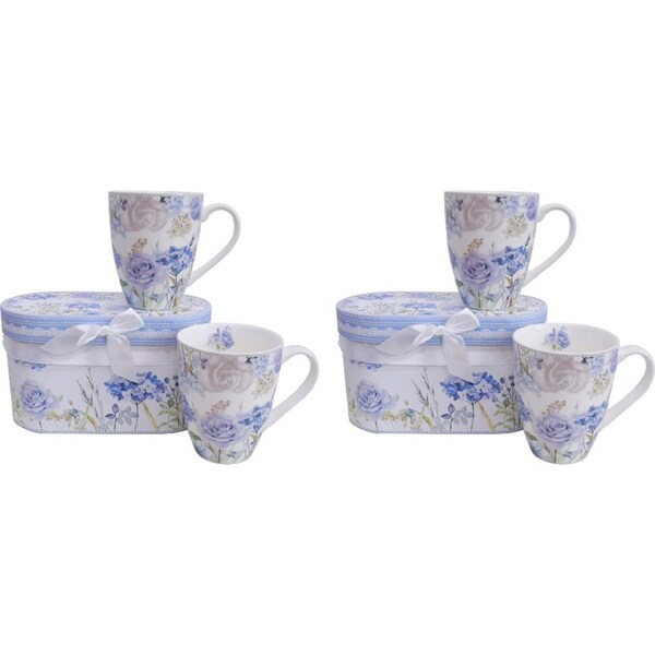 2x 2pc LVD Ceramic Teacups w/ Box Hydrangea Blooms Home/Kitchen Drinkware 11cm