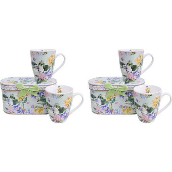 2x 2pc LVD Ceramic Teacups w/ Box Garden Florals Home/Kitchen Drinkware 11cm
