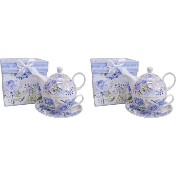 2x LVD Ceramic Tea Pot/Cup/Saucer Set w/ Box Hydrangea Blooms Kitchen Drinkware