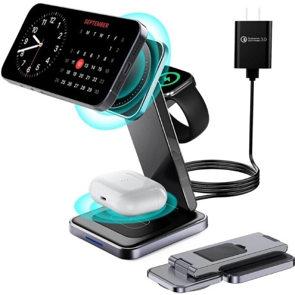 3 in 1 Magnetic Wireless Charger,Foldable Wireless Charging Station for Apple Watch Series 10/9/Ultra 2/8/7/SE,iPhone 16 Pro Max/16//15/14/Pro,AirPods 4/3/Pro/2 Mag Safe Charger Stand Dock