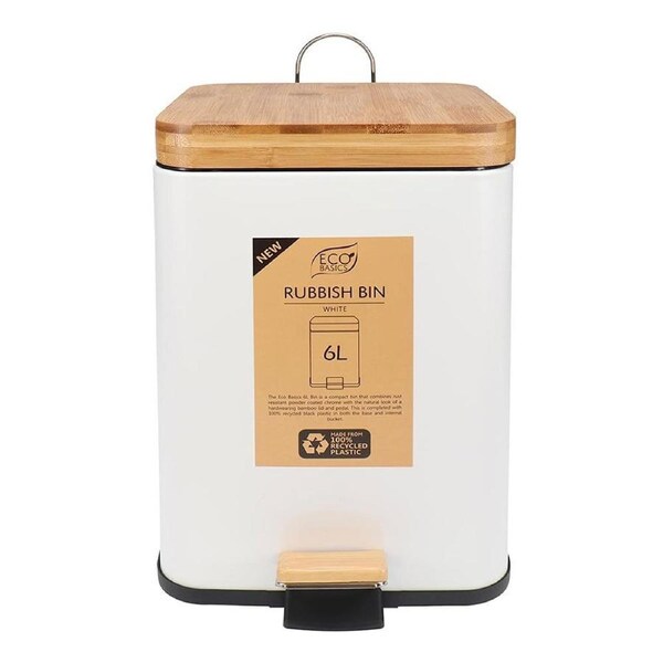 Eco Basics Rubbish Durable Plastic Bin Square 6L w/ Soft Close Lid White