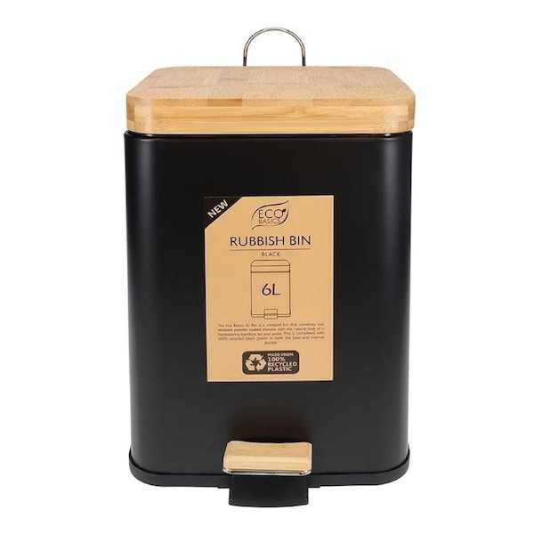 Eco Basics Rubbish Durable Plastic Bin Square 6L w/ Soft Close Lid Black