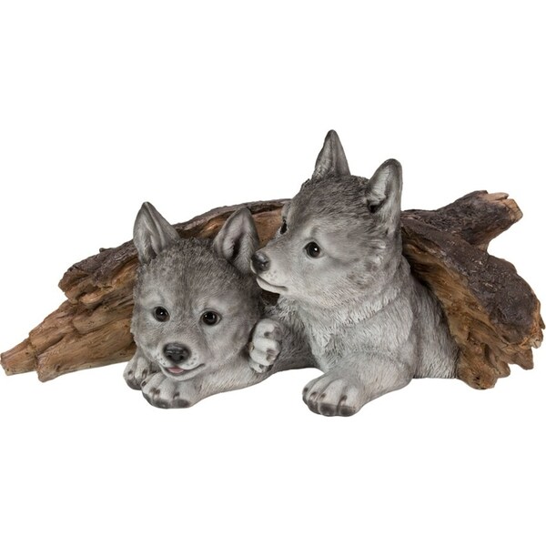 Northcote Pottery Resin Wolf Pups Under Tree Stump Garden Outdoor Decor
