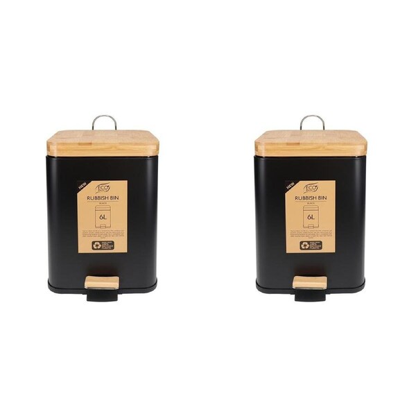 2x Eco Basics Rubbish Durable Plastic Bin Square 6L w/ Soft Close Lid Black