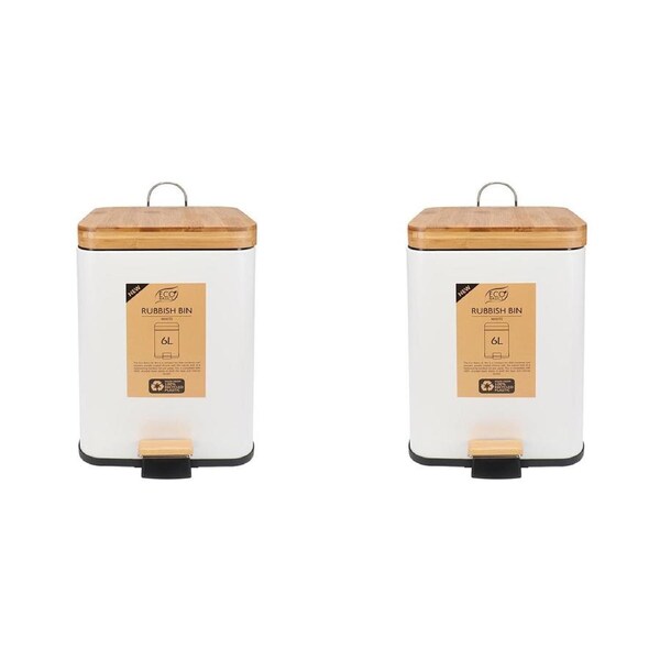 2x Eco Basics Rubbish Durable Plastic Bin Square 6L w/ Soft Close Lid White