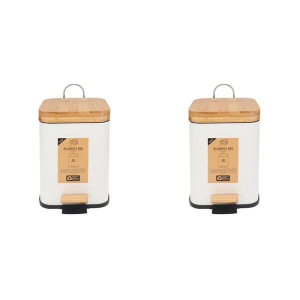 2x Eco Basics Rubbish Durable Plastic Bin Square 3L w/ Soft Close Lid White