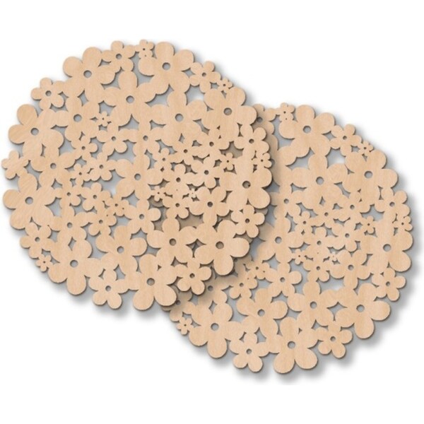 2pc Nord Deco Wooden Coaster Home Kitchen Tabletop Serveware 10x10cm Flowers