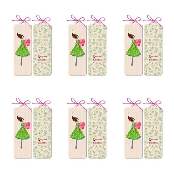 6x Cozywood Wooden Bookmark 4.5x14cm School stationery w/ Waxed Ribbon Flowers