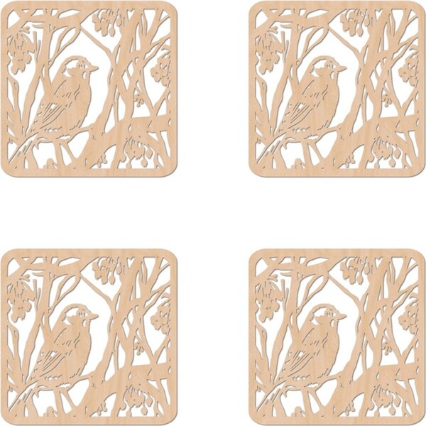 4x Nord Deco Wooden Coaster Home Kitchen Tabletop Serveware 10x10cm Large Bird