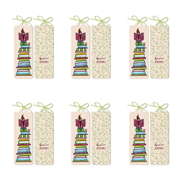 6x Cozywood Wooden Bookmark 4.5x14cm School stationery w/ Waxed Ribbon Reader