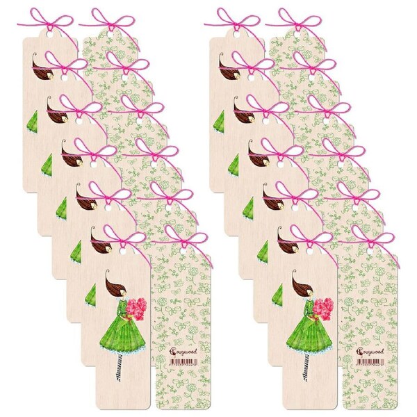 12x Cozywood Wooden Bookmark 4.5x14cm School stationery w/ Waxed Ribbon Flowers