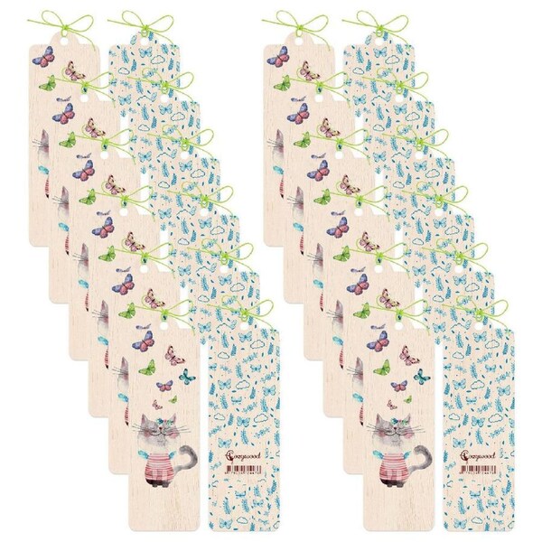 12x Cozywood Wooden Bookmark 4.5x14cm w/ Waxed Ribbon Pussycat and Butterflies