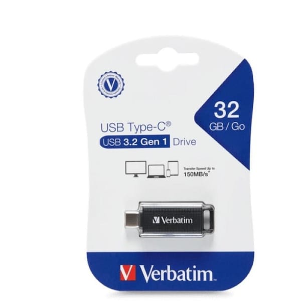 Verbatim Type-C USB 3.2 Gen 1 Flash Drive 32GB - Black Retail Pack 70903 Ultra Fast Transfer, Compact and Light weight design