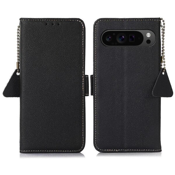 RFID Blocking Case For Google Pixel 9 Pro, Genuine Cow Leather Flip Phone Cover