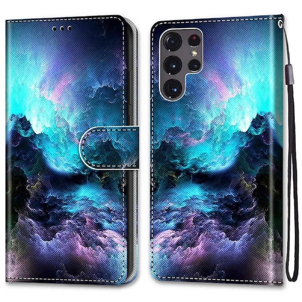 Leather Cell Phone Case With Handy Strap Wallet Stand Color Pattern Printing Phone Case 2022 For Samsung Galaxy S22 Ultra 5g - A05 Cat/soda