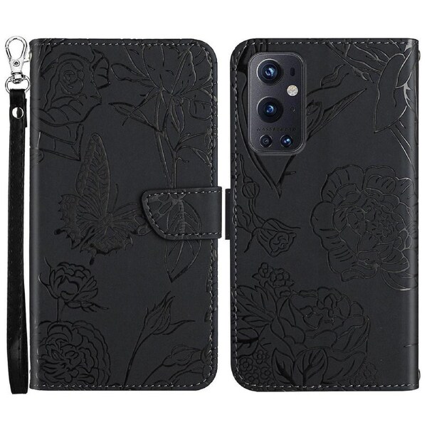 Butterfly Flowers Imprinting Pu Leather Phone Shell For Oneplus 9 Pro, Folio Flip Skin-touch Leather Wallet Stand Case Accessory With Handy Strap