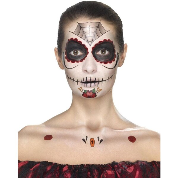 Day Of The Dead Face Tattoo Transfers Set Black And Red