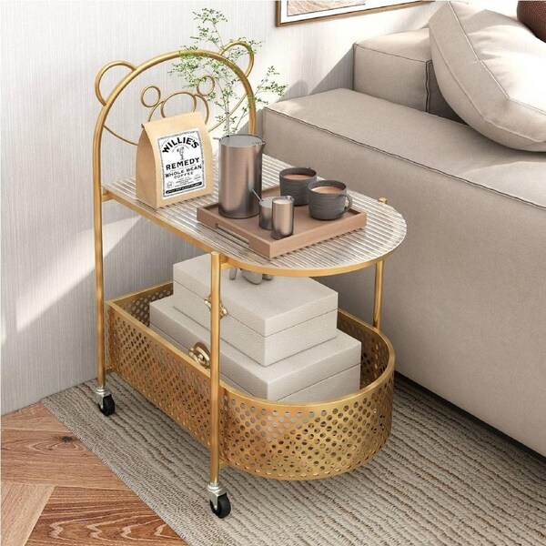 Costway 2-Tier Rolling Side Table Round End Table Storage Cart Mobile Cart w/ Locable Wheels Bedroom Living Room Gold