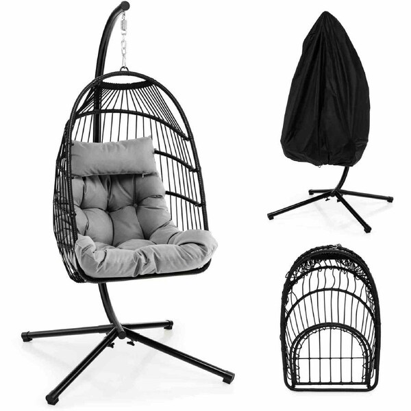 Costway Hanging Swing Chair Rustproof Chair w/Cushion & Headrest Pillow Lounge Chair Grey