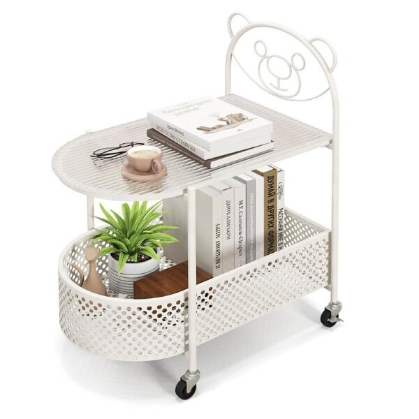 Costway 2-Tier Rolling Side Table Round End Table Storage Cart Mobile Cart w/ Locable Wheels Bedroom Living Room White