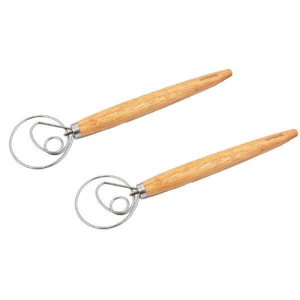 2x Bakemaster 33cm Wood/Stainless Steel Dough Whisk Kitchen Bake/Mixing Utensil