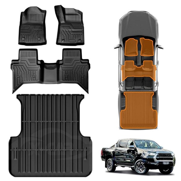 3D Floor Mats Tub Liner Set for Toyota Hilux Dual Cab Auto 2016-2025 A-Deck Heavy Duty All Weather Car Mats