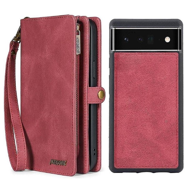 Magnetic Absorption Zippered Wallet Cover For Google Pixel 6, Detachable Leather Case With Handy Strap - Rose Gold