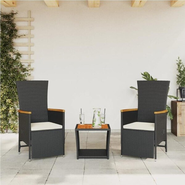 3 Piece Garden Dining Set with Cushions Black Poly Rattan vidaXL