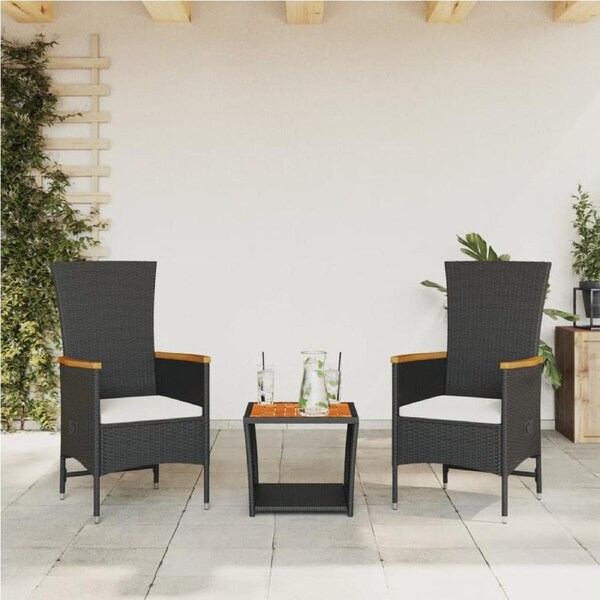 3 Piece Garden Dining Set with Cushions Black Poly Rattan vidaXL