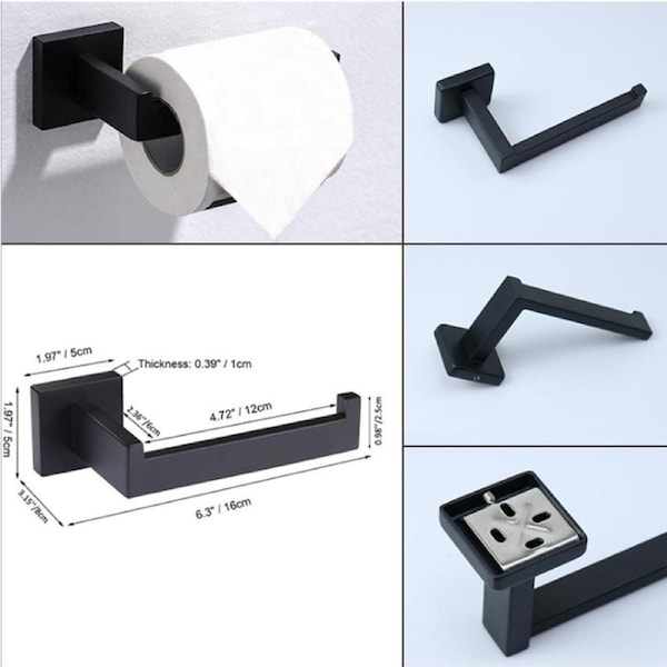 2 Packs Matte Black Square Toilet Paper Holder Wall-Mounted Stainless Steel Roll Holder for Bathroom