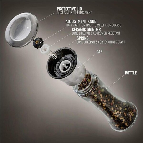 2 Packs Stainless Steel Salt and Pepper Grinder Set Tall Glass Ceramic Sea Salt Grinder & Pepper Shaker Pepper Mill & Salt Mill - Silver