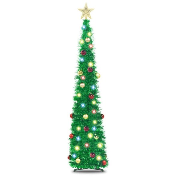 Catzon 5Ft Prelit Christmas Tree Pop Up Pencil Tree with 50 Color Lights 24 Ball Ornament Holiday Xmas Party Decorations-Green