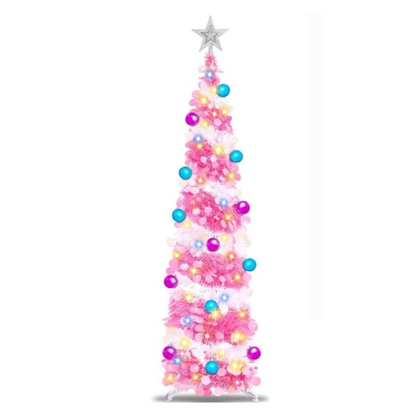 Catzon 5Ft Prelit Christmas Tree Pop Up Pencil Tree with 50 Color Lights 15 Ball Ornament Holiday Xmas Party Decorations-Pink