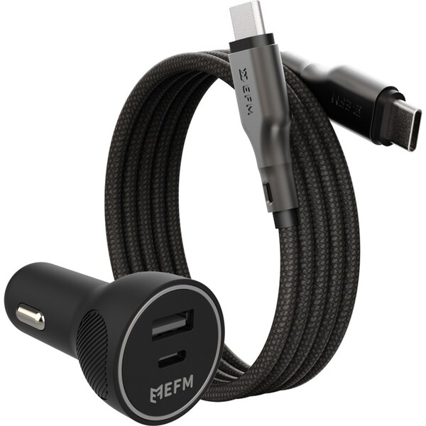 EFM 48W Car Phone Charger Dual USB Socket w/ 1m Mag-Coil USB-C Cable Black