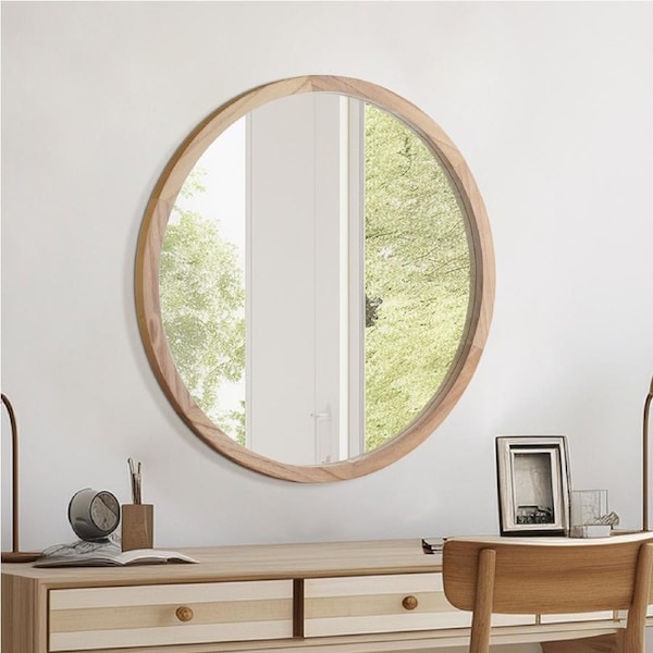 ACA 60cm Wooden Wall Mirrors Round Large Makeup Mirror Vanity Home Decor