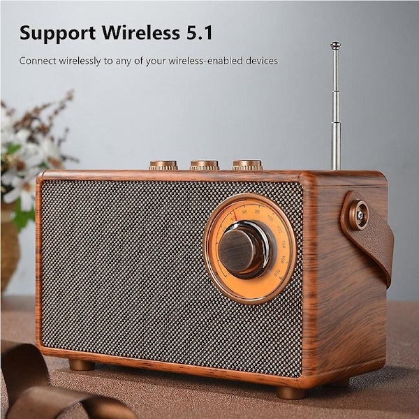 Retro FM Radio Portable Wooden Bluetooth Radio Bass Speaker Handsfree MP3 Player Support USB/TF Car