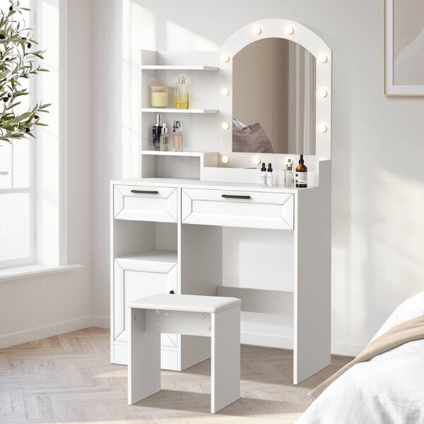 Oikiture Dressing Table Stool Set Vanity Desk Makeup Mirror 12 LED Bulbs White