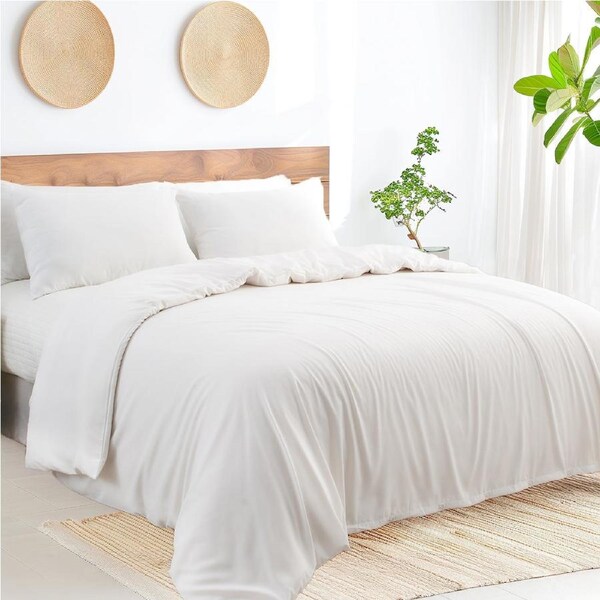 LINENOVA 2000TC Cooling Bamboo Blend Quilt Cover Sets Antimicrobial Ultra Soft Breathable Comfort Bedding Set Queen / White