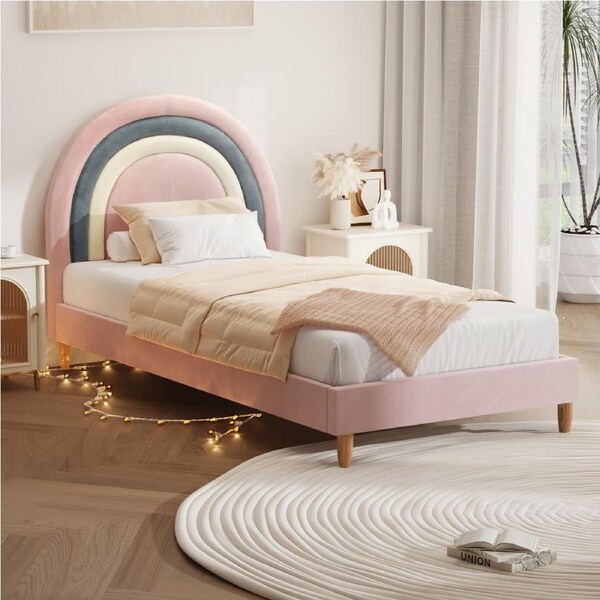 Oikiture Bed Frame Single Size Kids Bed Frame Pink Velvet