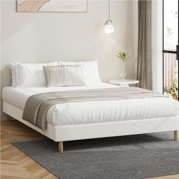 Oikiture Bed Frame Queen Size Bed Base White Boucle
