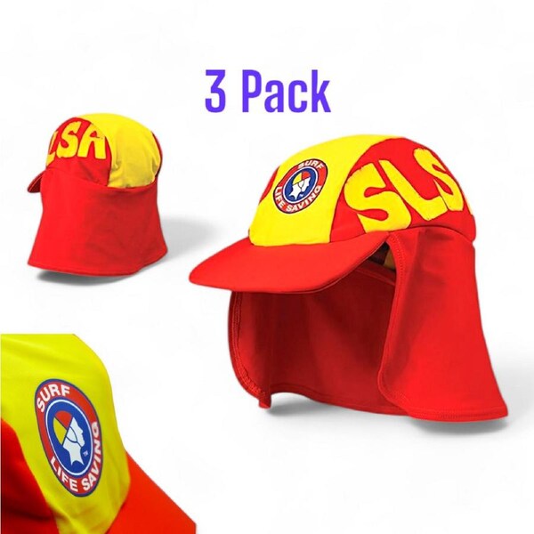 3x SLSA Swim Beach Swim Hat w Neck Flap -53cm Red Kids 4-9yr Nylon Elastane UPF50+